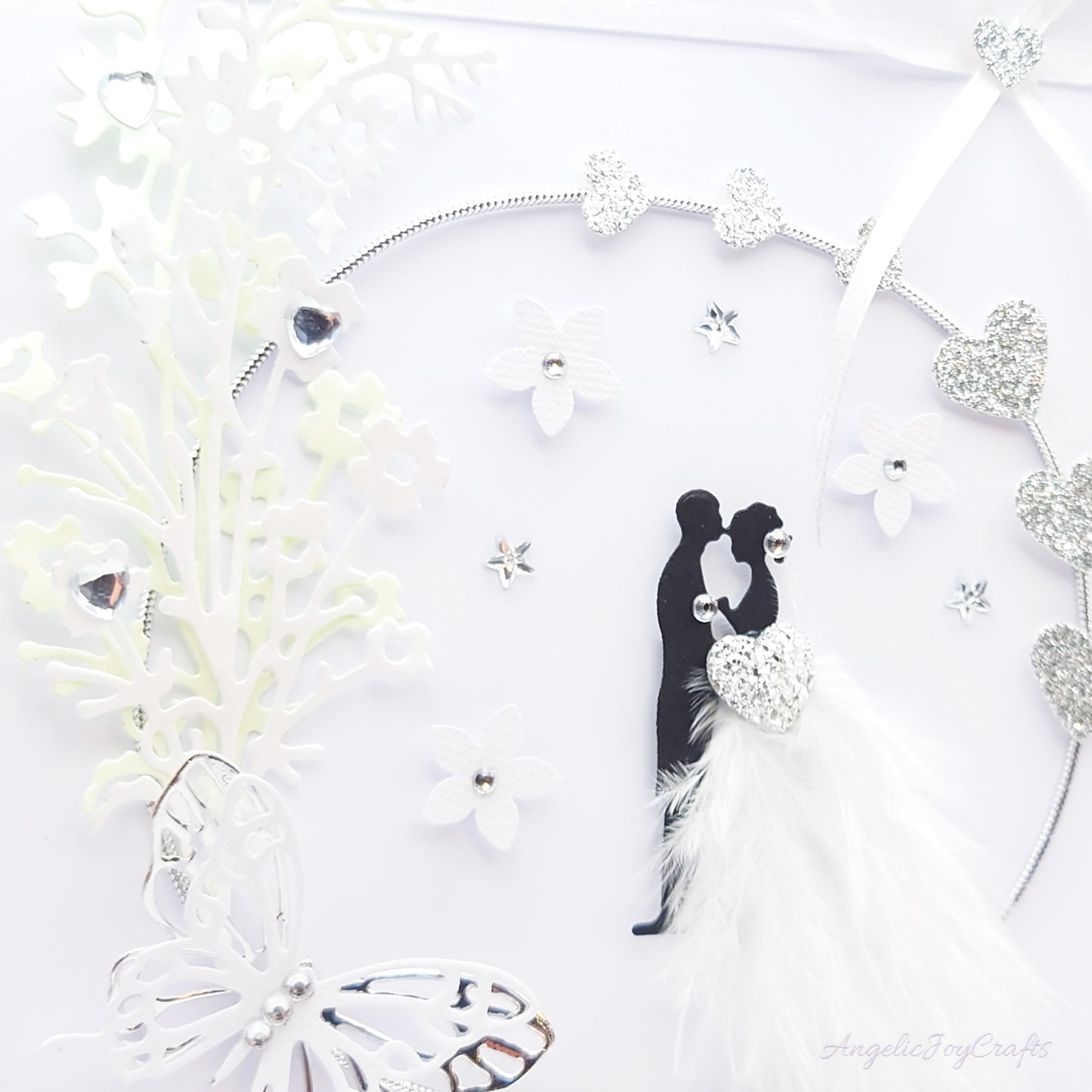 Handmade Personalised 3D Wedding Card with Couple in Floral Ring with Feather Dress + Complimentary Gift Box | Anniversary | Wedding | Engagement