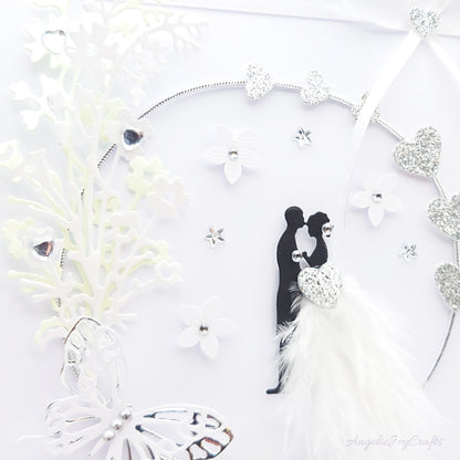 Handmade Personalised 3D Wedding Card with Couple in Floral Ring with Feather Dress + Complimentary Gift Box | Anniversary | Wedding | Engagement