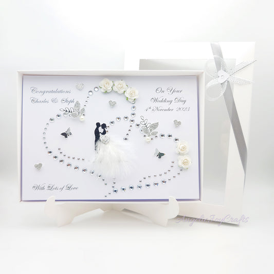 Handmade Personalised 3D Wedding Card with Gem Hearts & Real Feather + Complimentary Gift Box | Anniversary | Wedding | Engagement