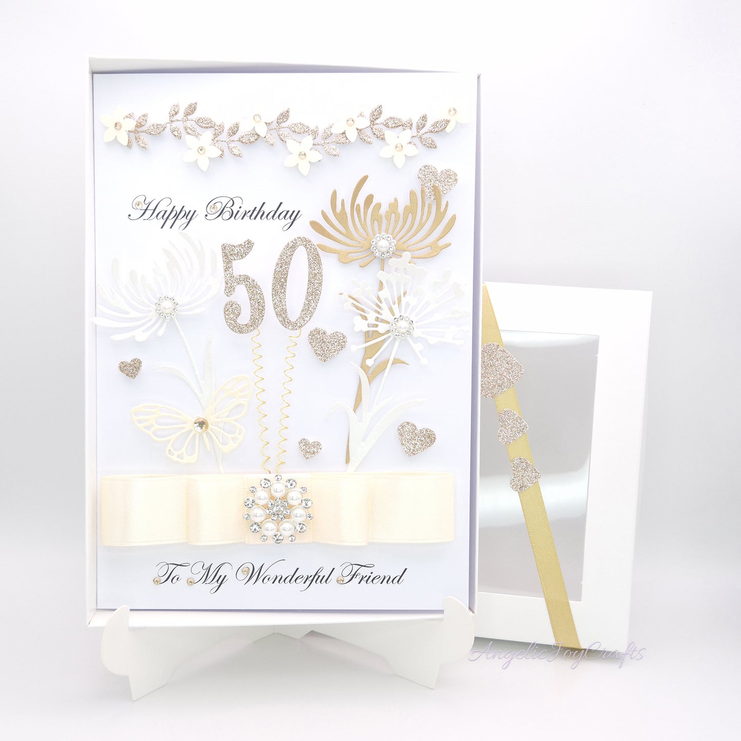 Handmade Personalised 3D Birthday Card with Flowers & Brooch Bow + Complimentary Gift Box | Birthday | Mother's Day
