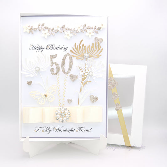 Handmade Personalised 3D Birthday Card with Flowers & Brooch Bow + Complimentary Gift Box | Birthday | Mother's Day