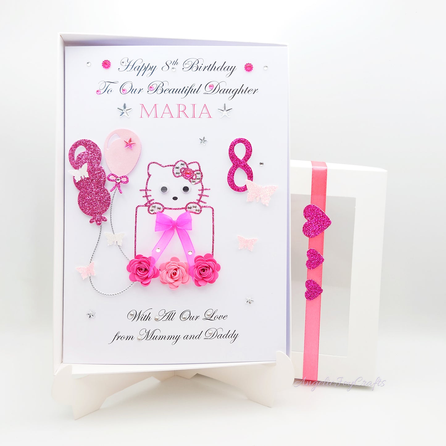 Handmade Personalised 3D Child Birthday Card with Kitty, Baloons & Flowers + Complimentary Gift Box | Baby Shower | Child Birthday | Baby Born | Birthday
