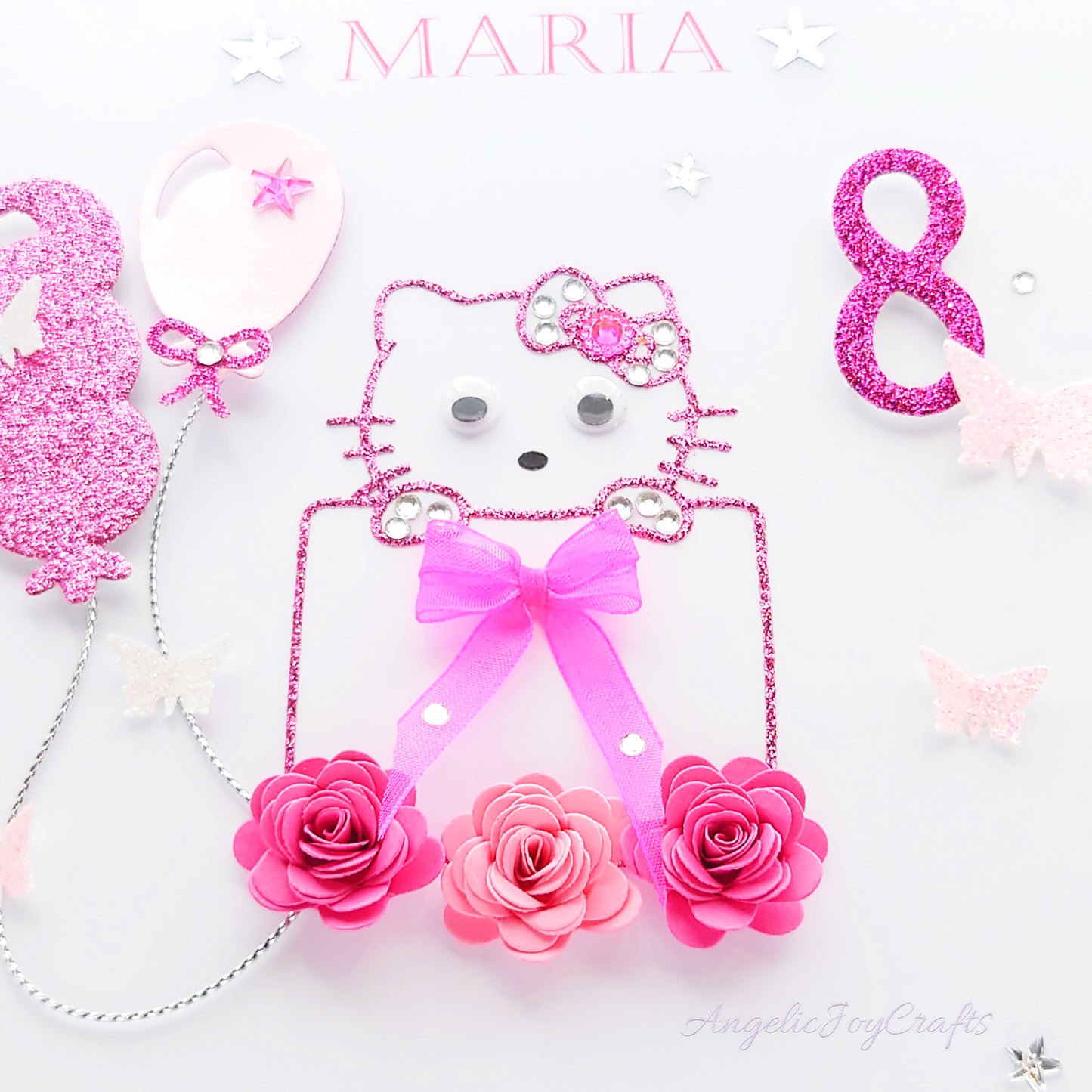 Handmade Personalised 3D Child Birthday Card with Kitty, Baloons & Flowers + Complimentary Gift Box | Baby Shower | Child Birthday | Baby Born | Birthday