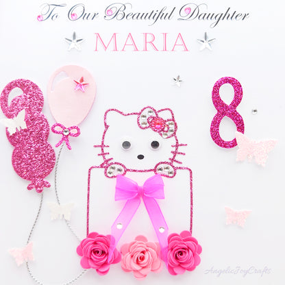 Handmade Personalised 3D Child Birthday Card with Kitty, Baloons & Flowers + Complimentary Gift Box | Baby Shower | Child Birthday | Baby Born | Birthday