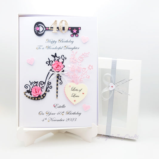 Handmade Personalised 3D Birthday Card with Stiletto, Flowers & Key + Complimentary Gift Box | Birthday | Mother's Day