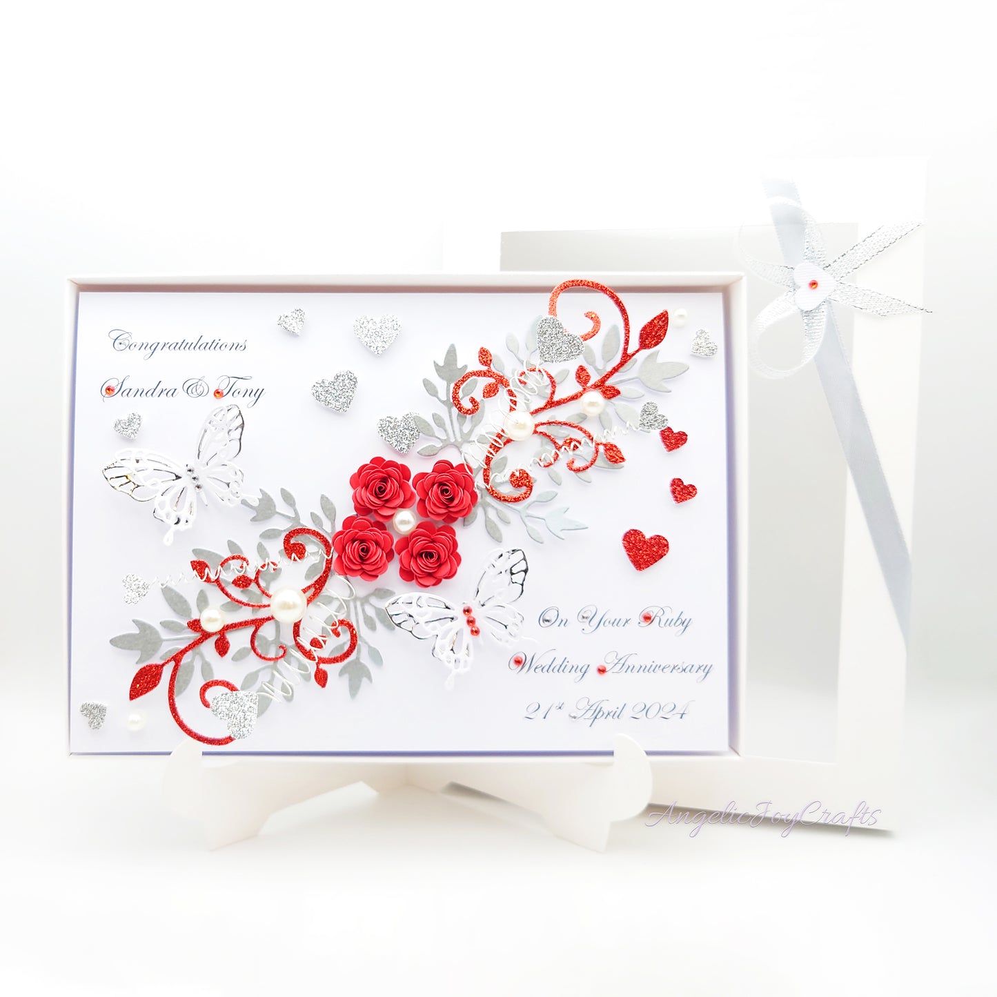 Handmade Personalised 3D Ruby Anniversary Card with Floral Swirls & Butterflies + Complimentary Gift Box | Anniversary | Wedding | Engagement