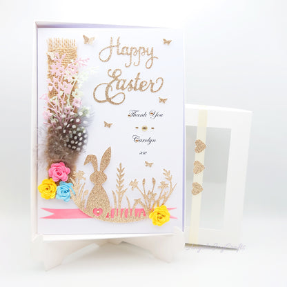Handmade Personalised 3D Easter Card with Rabbit, Flowers & Feathers + Complimentary Gift Box | Easter