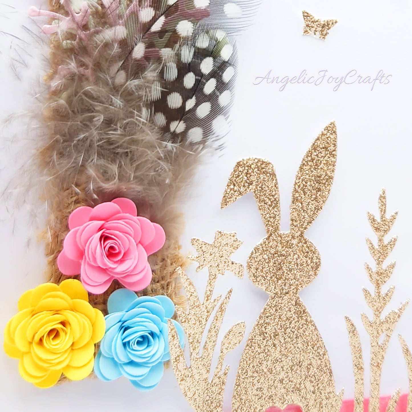 Handmade Personalised 3D Easter Card with Rabbit, Flowers & Feathers + Complimentary Gift Box | Easter