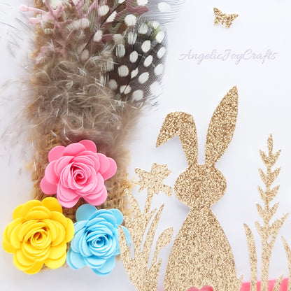 Handmade Personalised 3D Easter Card with Rabbit, Flowers & Feathers + Complimentary Gift Box | Easter