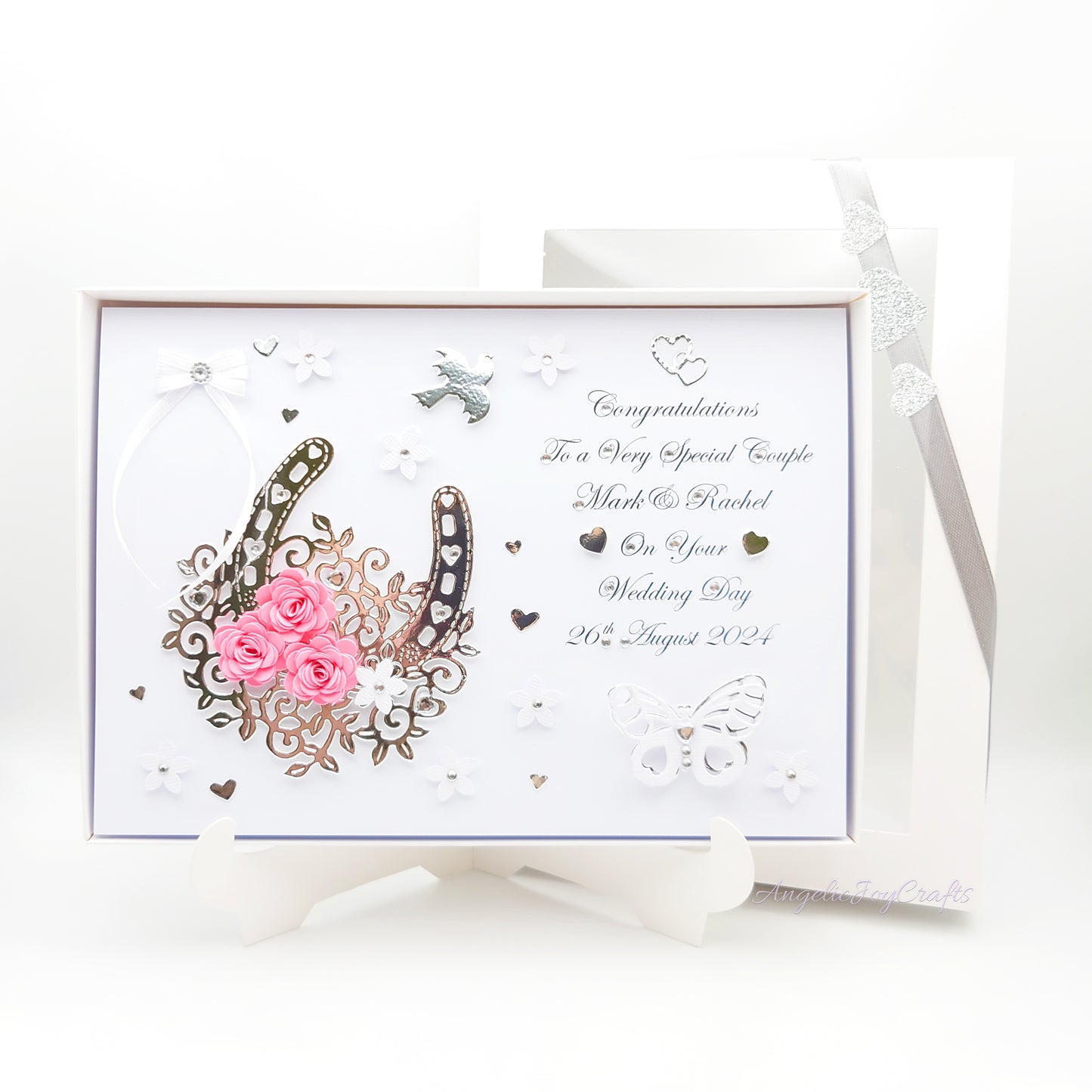 Handmade Personalised 3D Wedding Card with Lucky Floral Horseshoe + Complimentary Gift Box | Anniversary | Wedding | Engagement