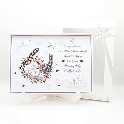 Handmade Personalised 3D Wedding Card with Lucky Floral Horseshoe + Complimentary Gift Box | Anniversary | Wedding | Engagement