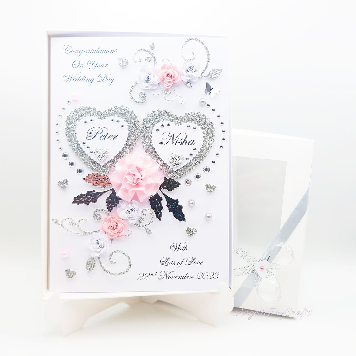 Handmade Personalised 3D Wedding Card with Floral Swirls & Butterflies + Complimentary Gift Box | Anniversary | Wedding | Engagement
