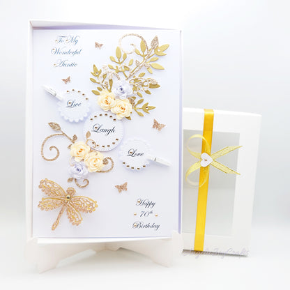 Handmade Personalised 3D Birthday Card with Floral Swirls & Wooden Clips + Complimentary Gift Box | Birthday | Mother's Day